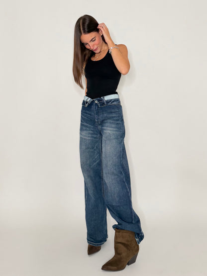 Jeans Wide Leg in Denim Blu con vita risvoltata