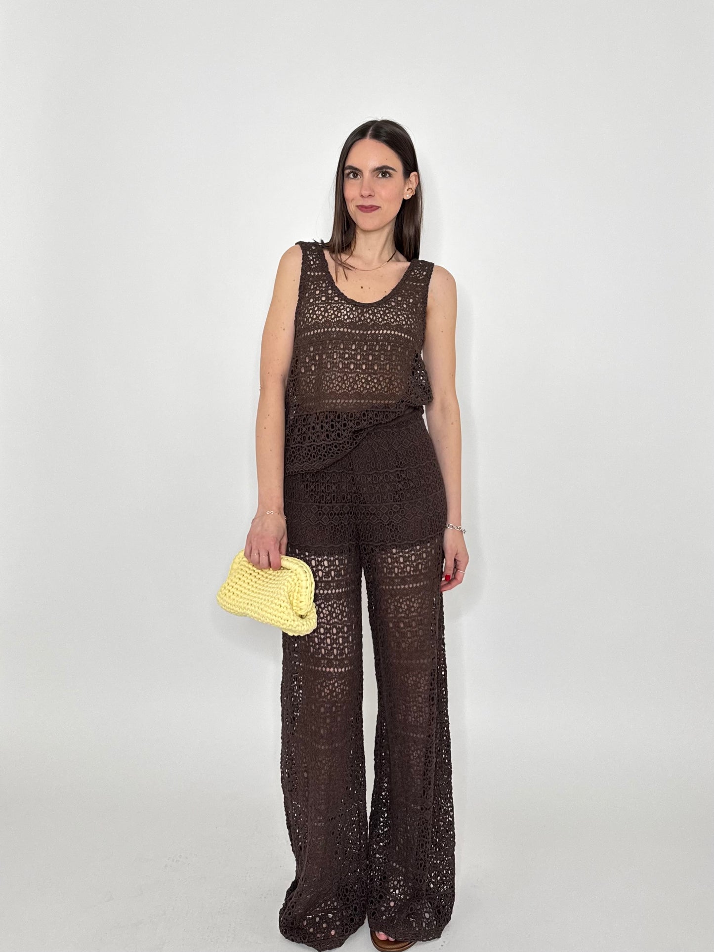 Top pizzo crochet cioccolato in cotone