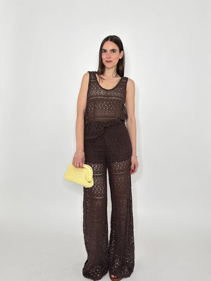 Top pizzo crochet cioccolato in cotone