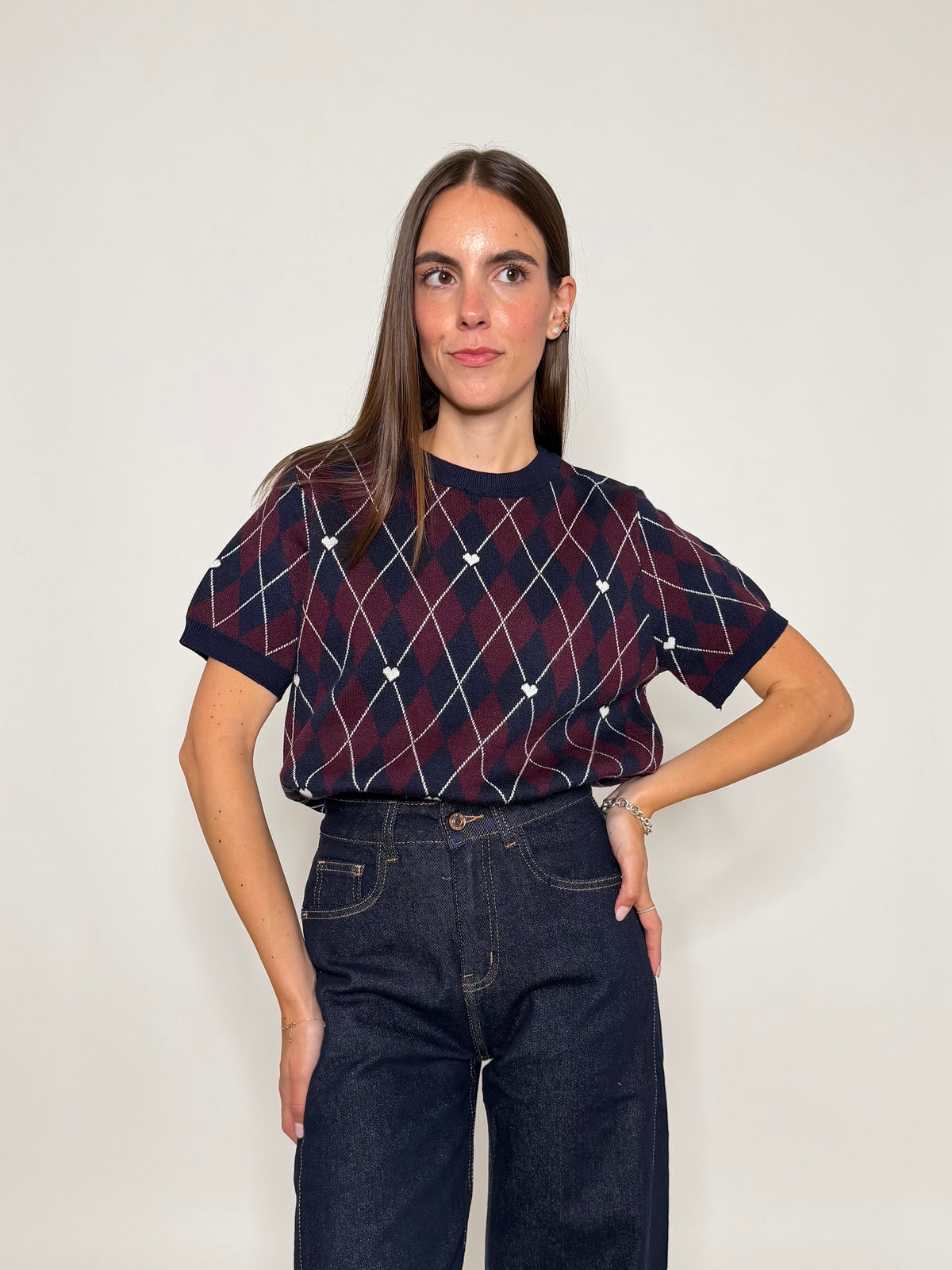 Maglia in viscosa a rombi blu navy/bordeaux