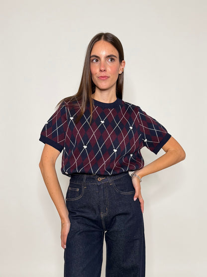 Maglia in viscosa a rombi blu navy/bordeaux