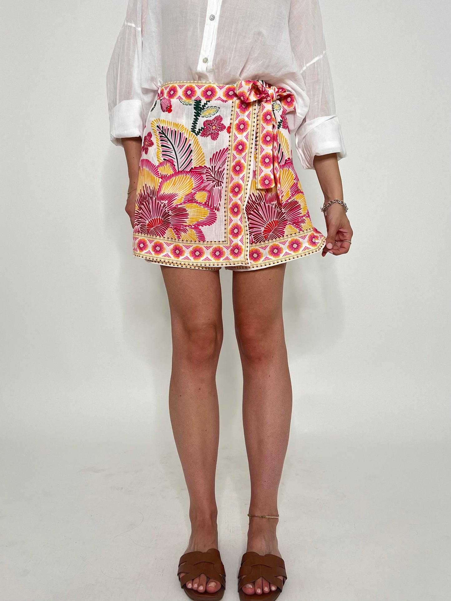 Gonna pantalone stampa floreale tropical rosa