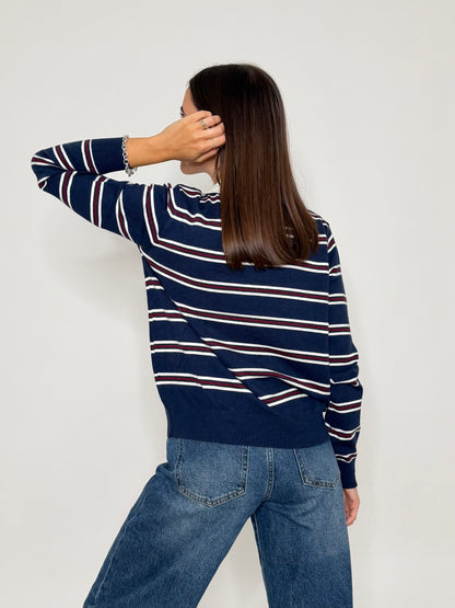 Polo a righe in viscosa blu navy/panna