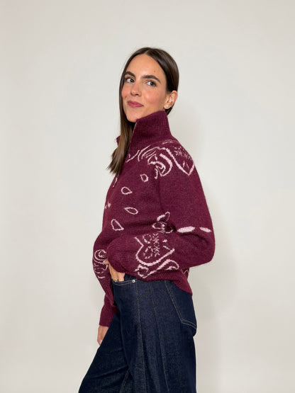 Cardigan con zip Bandana misto lana Bordeaux