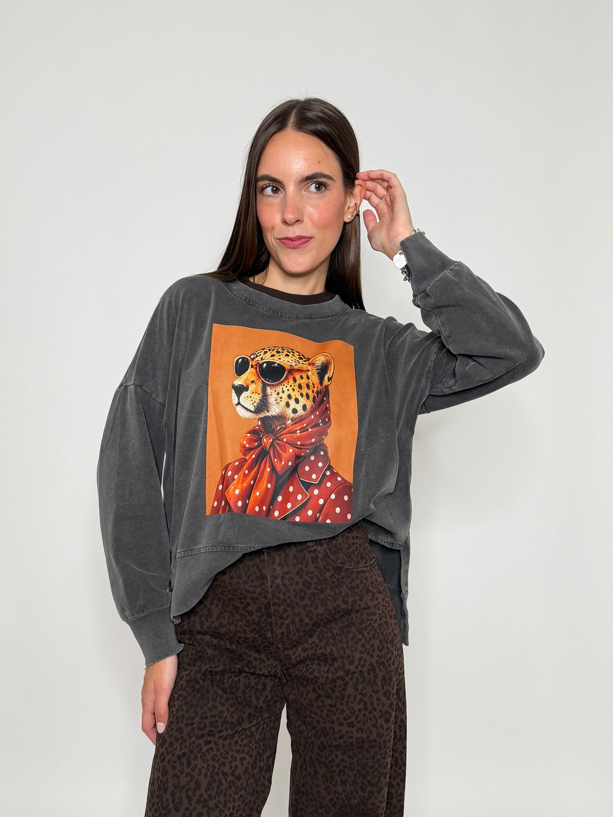 Felpa in Cotone con stampa base arancio grigio mélange