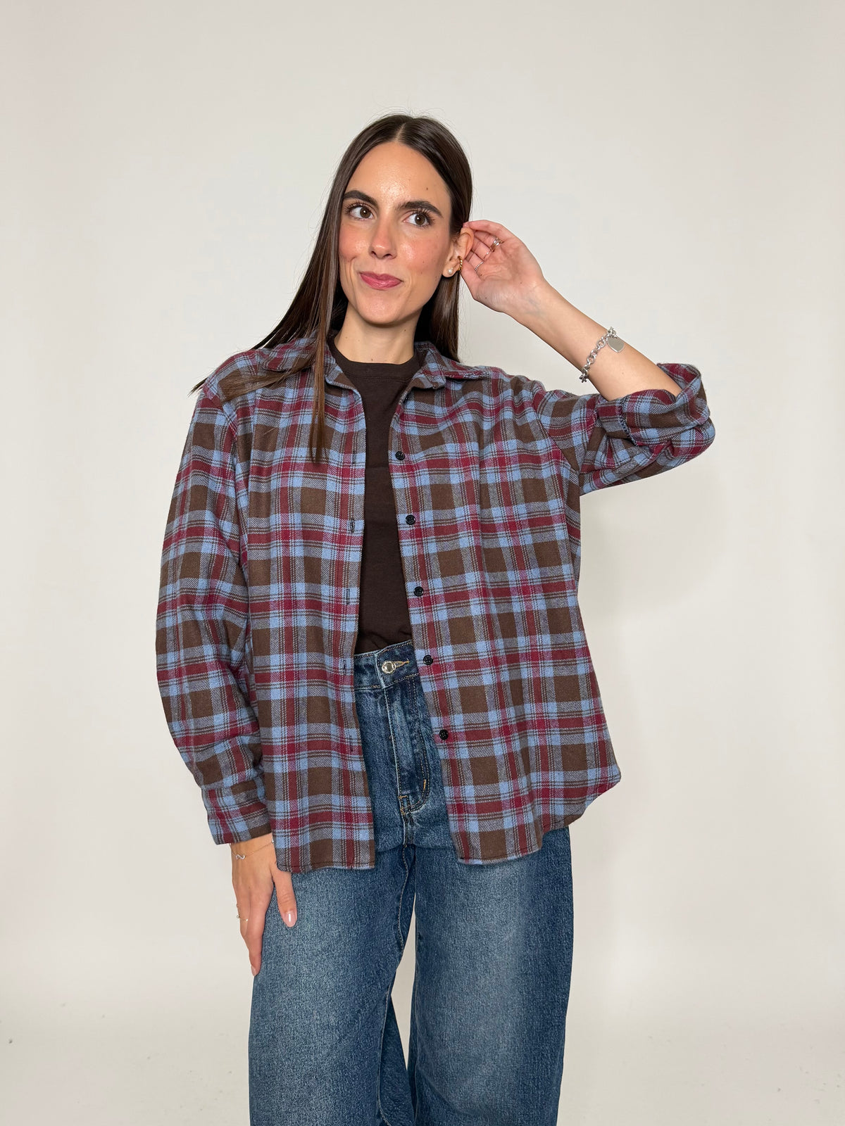 Camicia check vienna in cotone celeste/bordeaux