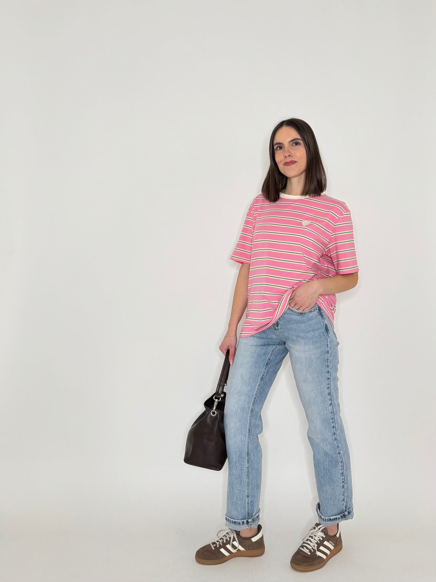 T-shirt millerighe con ricamo in cotone - Rosa