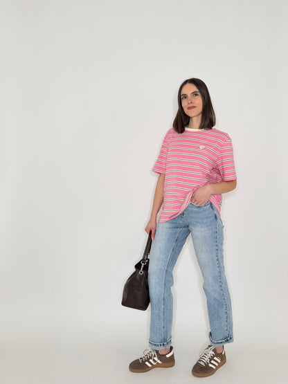 T-shirt millerighe con ricamo in cotone - Rosa