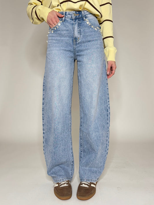 Jeans Ballon light denim ricami e caboshon