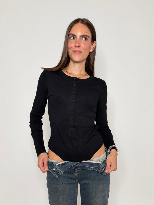 Body a costine in viscosa Nero