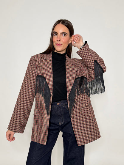 Giacca pied de poule bordeaux con frange