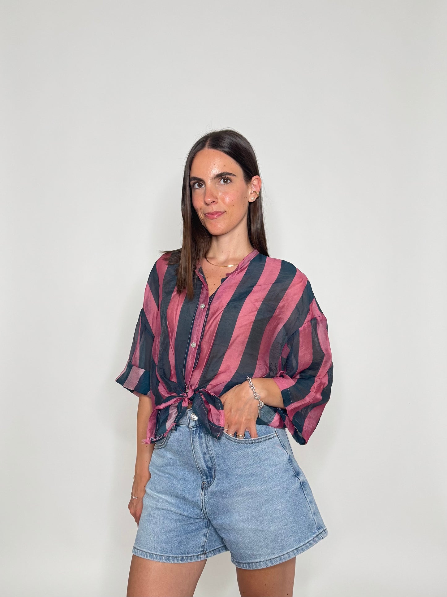 Camicia a righe in lyocell Verde Bottiglia/Rosa antico