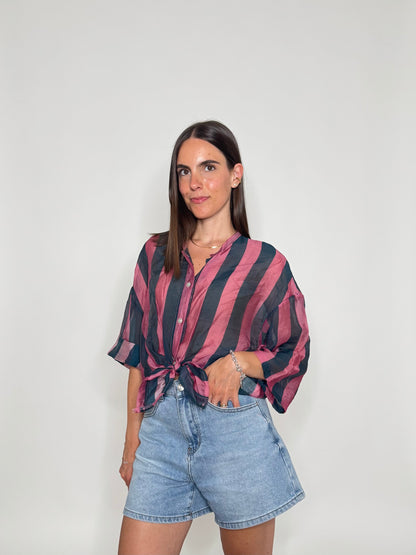 Camicia a righe in lyocell Verde Bottiglia/Rosa antico