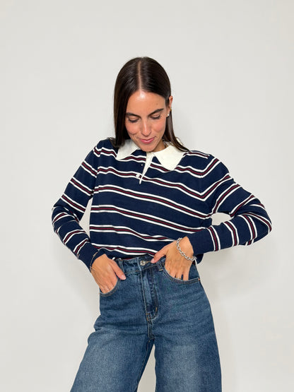 Polo a righe in viscosa blu navy/panna
