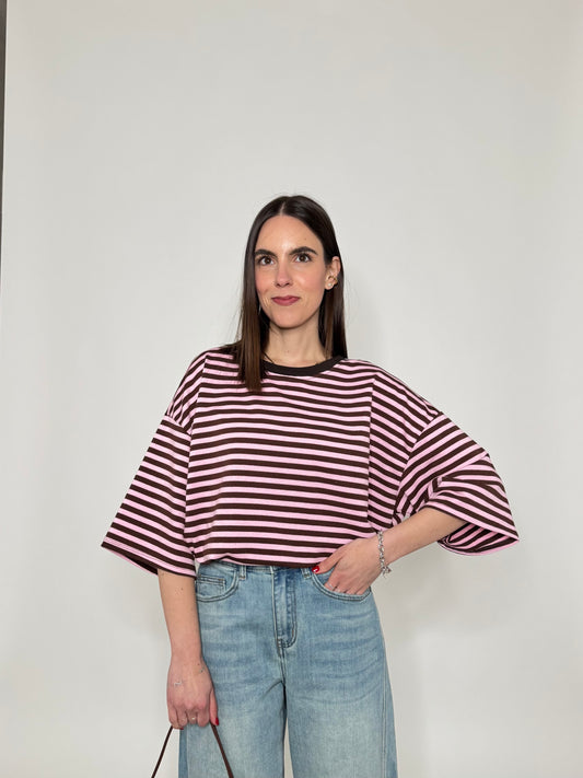 Maglia Felpa a righe light cotton in cotone Cioccolato/Rosa