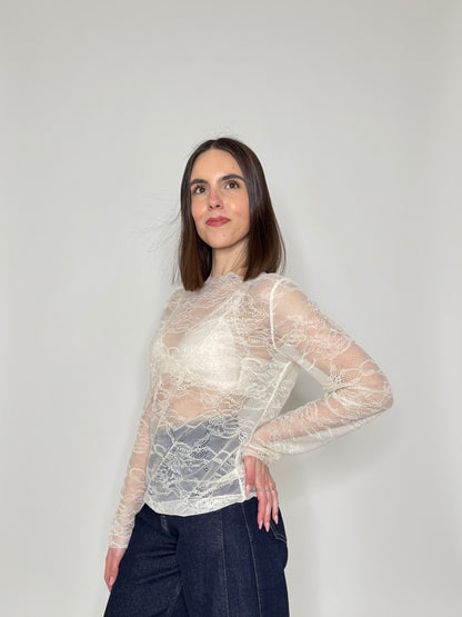 Maglia girocollo light pizzo Crema