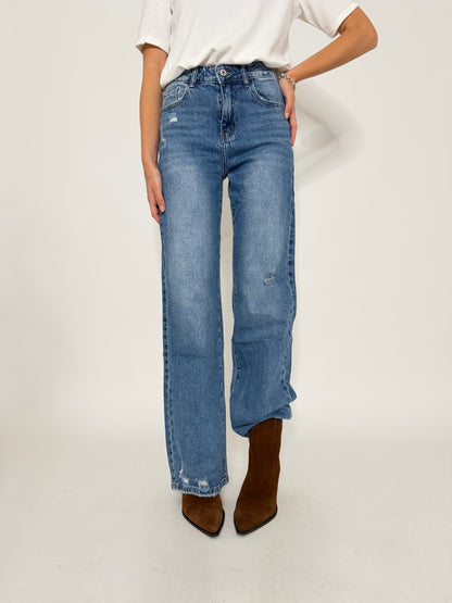Jeans Straight Wide Leg in Denim Blu