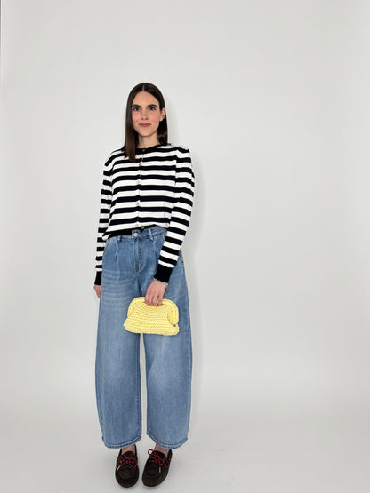 Cardigan in 100% cotone a righe girocollo Panna/Blu Navy