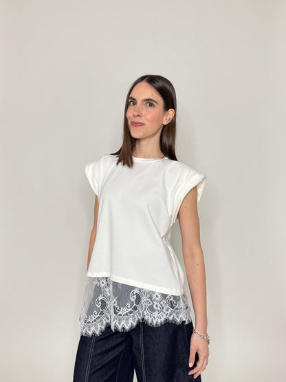 Maglia in cotone con spalle imbottite e pizzo Bianco