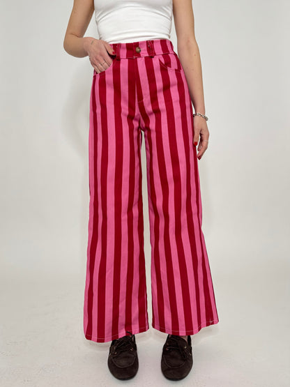 Jeans cinque tasche a righe modello wide leg Fragola/Confetto
