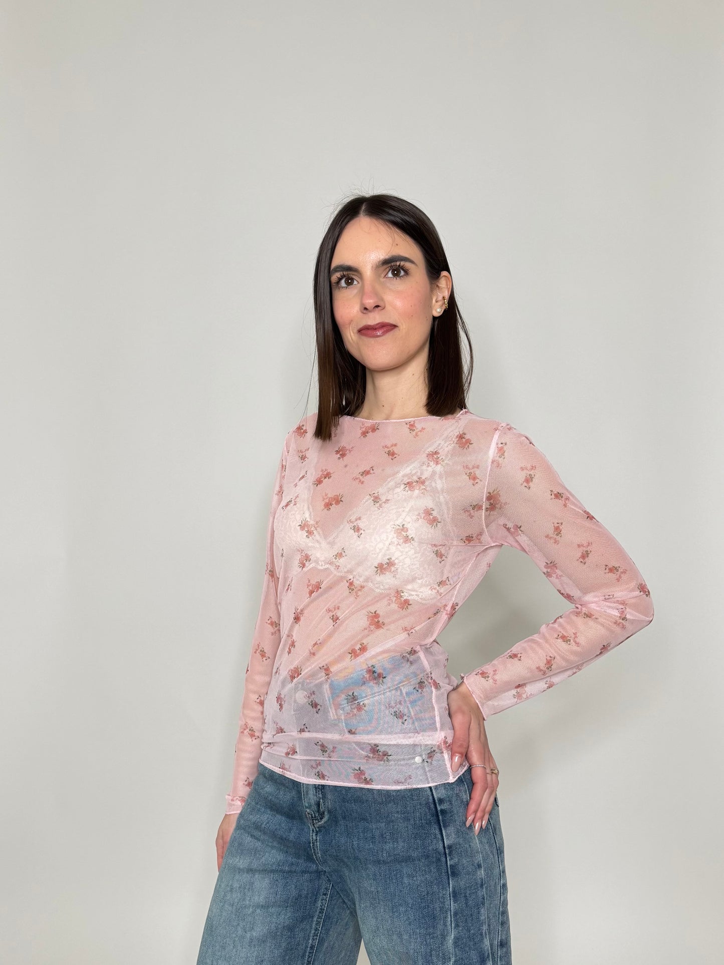 Maglia in tulle con micro fiori Rosa
