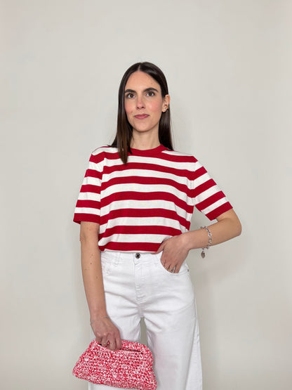 Maglia girocollo a righe manica corta in 100% cotone Rosso/Panna