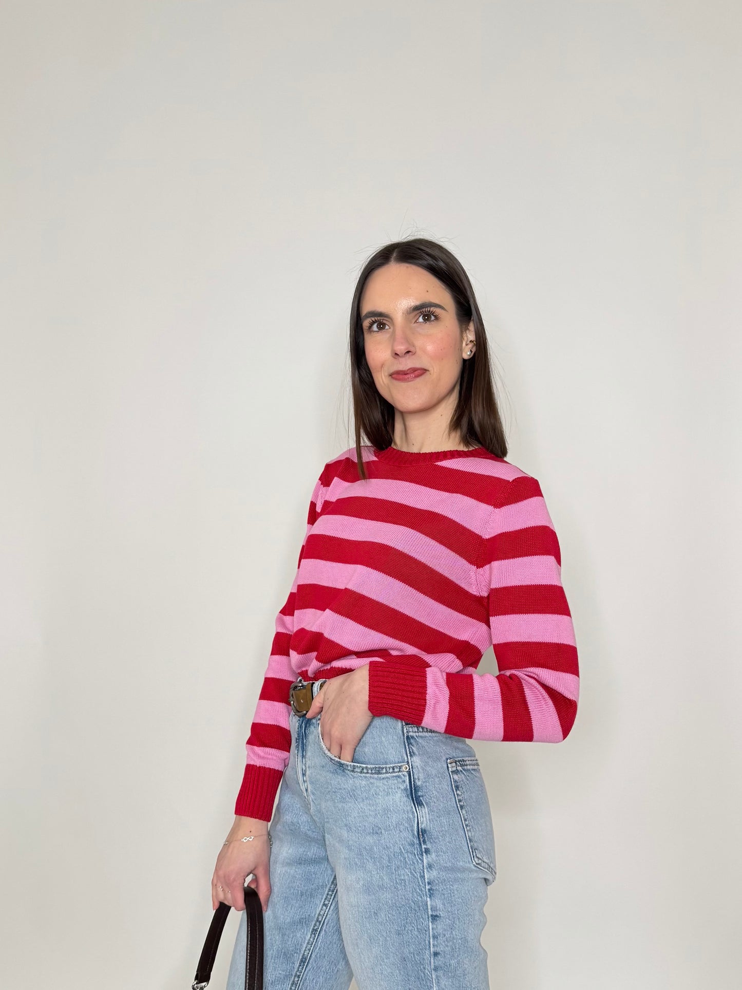 Maglia girocollo a righe in 100% cotone Fragola/Confetto