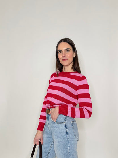 Maglia girocollo a righe in 100% cotone Fragola/Confetto