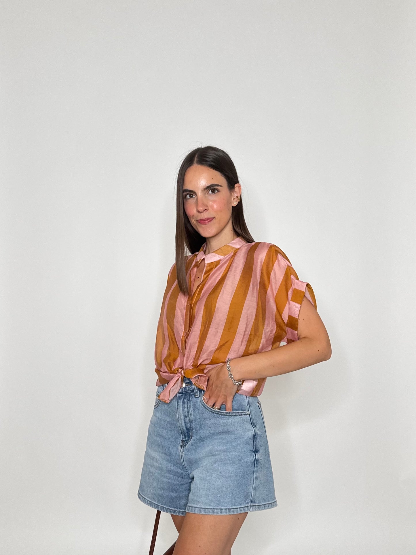 Camicia a righe in lyocell manica corta coccio/rosa