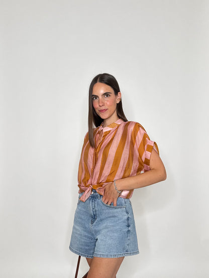Camicia a righe in lyocell manica corta coccio/rosa