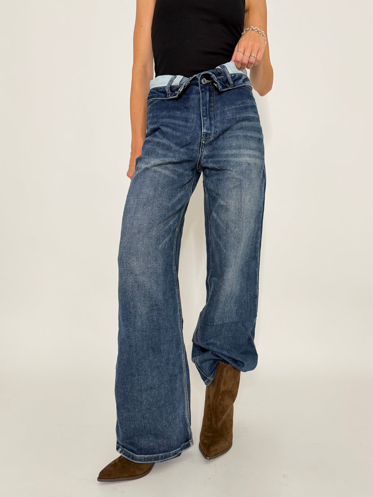Jeans Wide Leg in Denim Blu con vita risvoltata