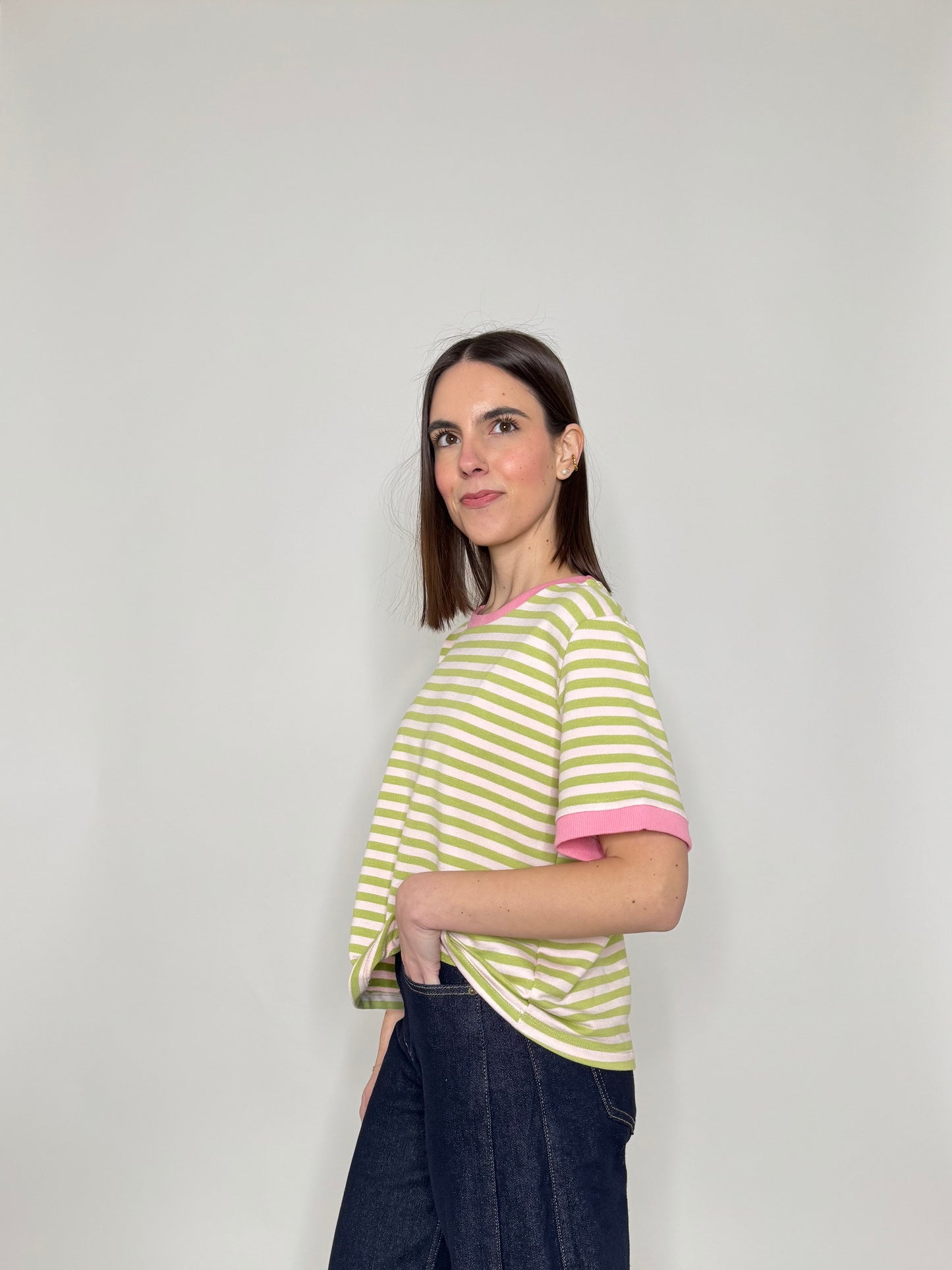 T-shirt a righe in cotone con contrasti Rosa/Verde