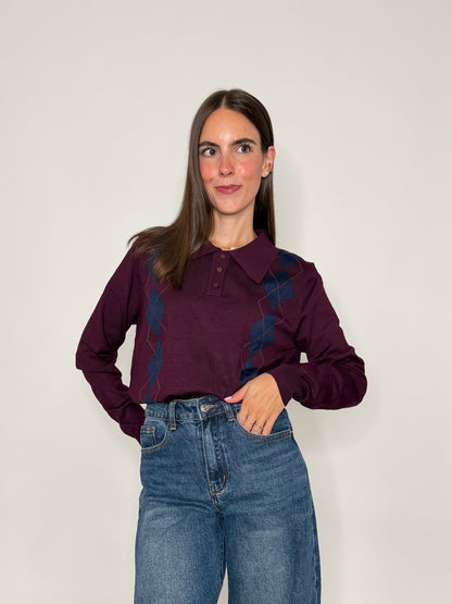 Polo a rombi in viscosa burgundy