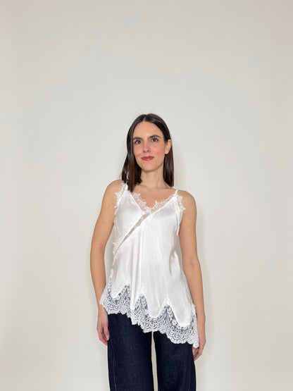 Top pizzo asimmetrico in 100% viscosa satin - Bianco