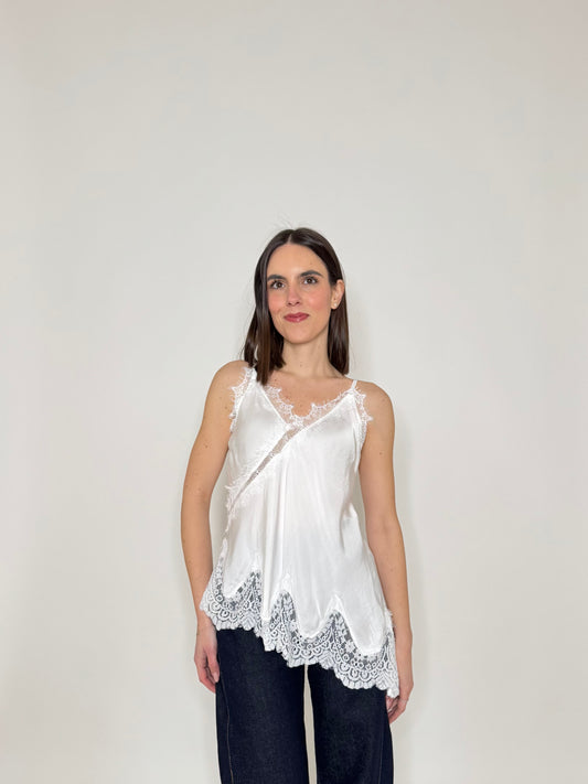 Top pizzo asimmetrico in 100% viscosa satin - Bianco
