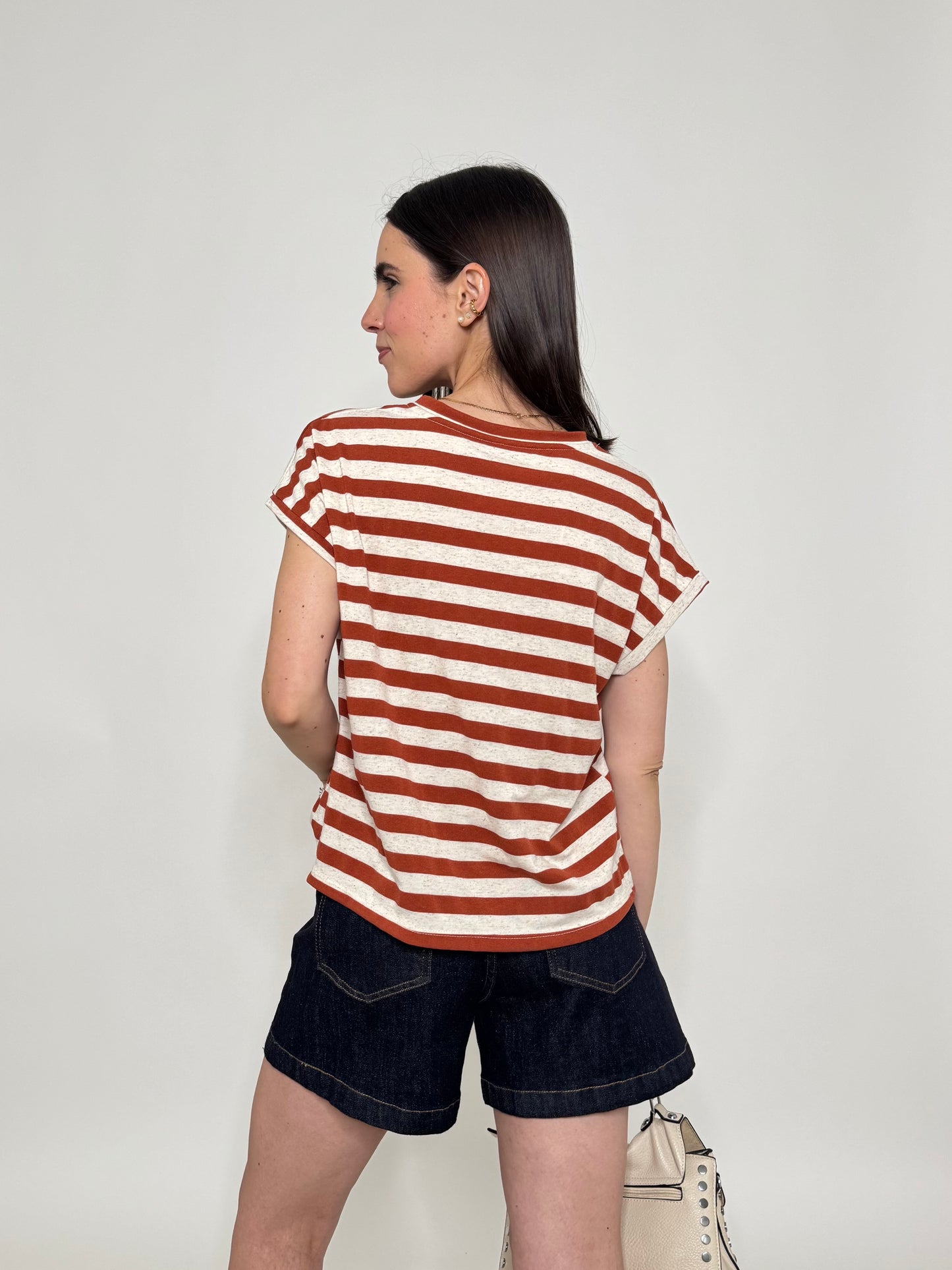 T-shirt scatoletta righe in misto lino e cotone Beige/Ruggine