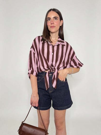 Camicia a righe cioccolato/rosa