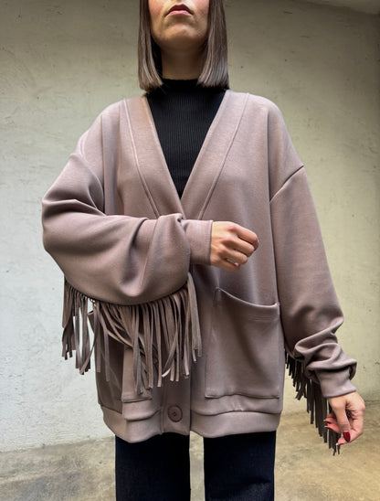 Cardigan frange tessuto felpa viscosa Tortora - Lumina