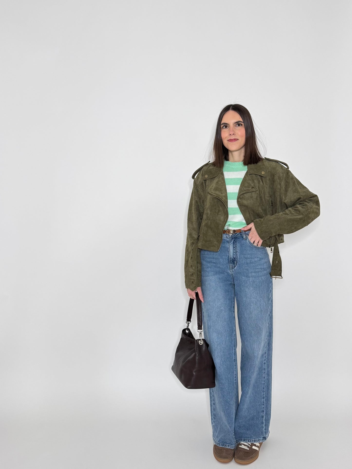 Maglia girocollo a righe in 100% cotone Latte/Menta