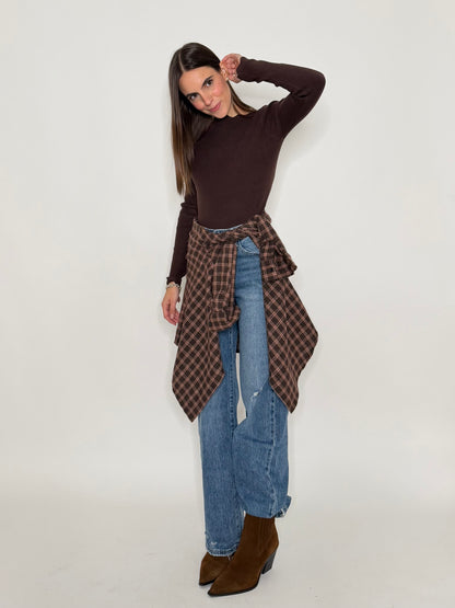 Camicia check vienna in cotone cioccolato/bordeaux