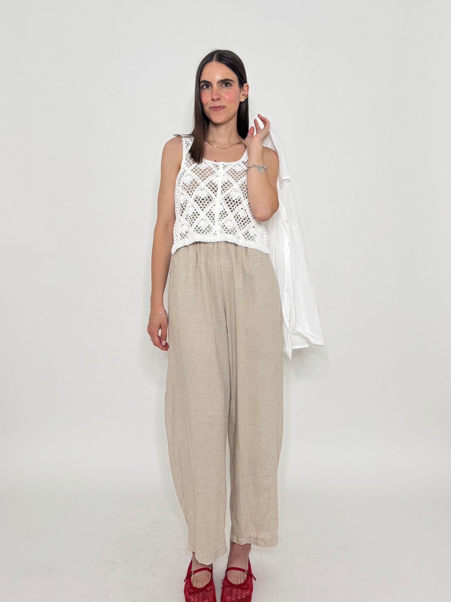 Pantalone ovetto in viscosa e lino Beige