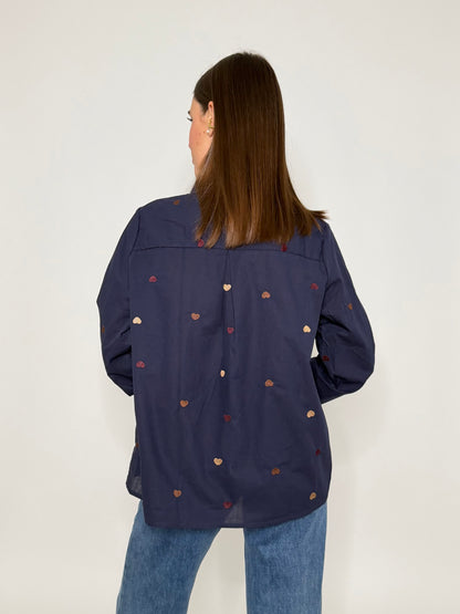 Camicia in cotone blu navy con dettagli ricamati