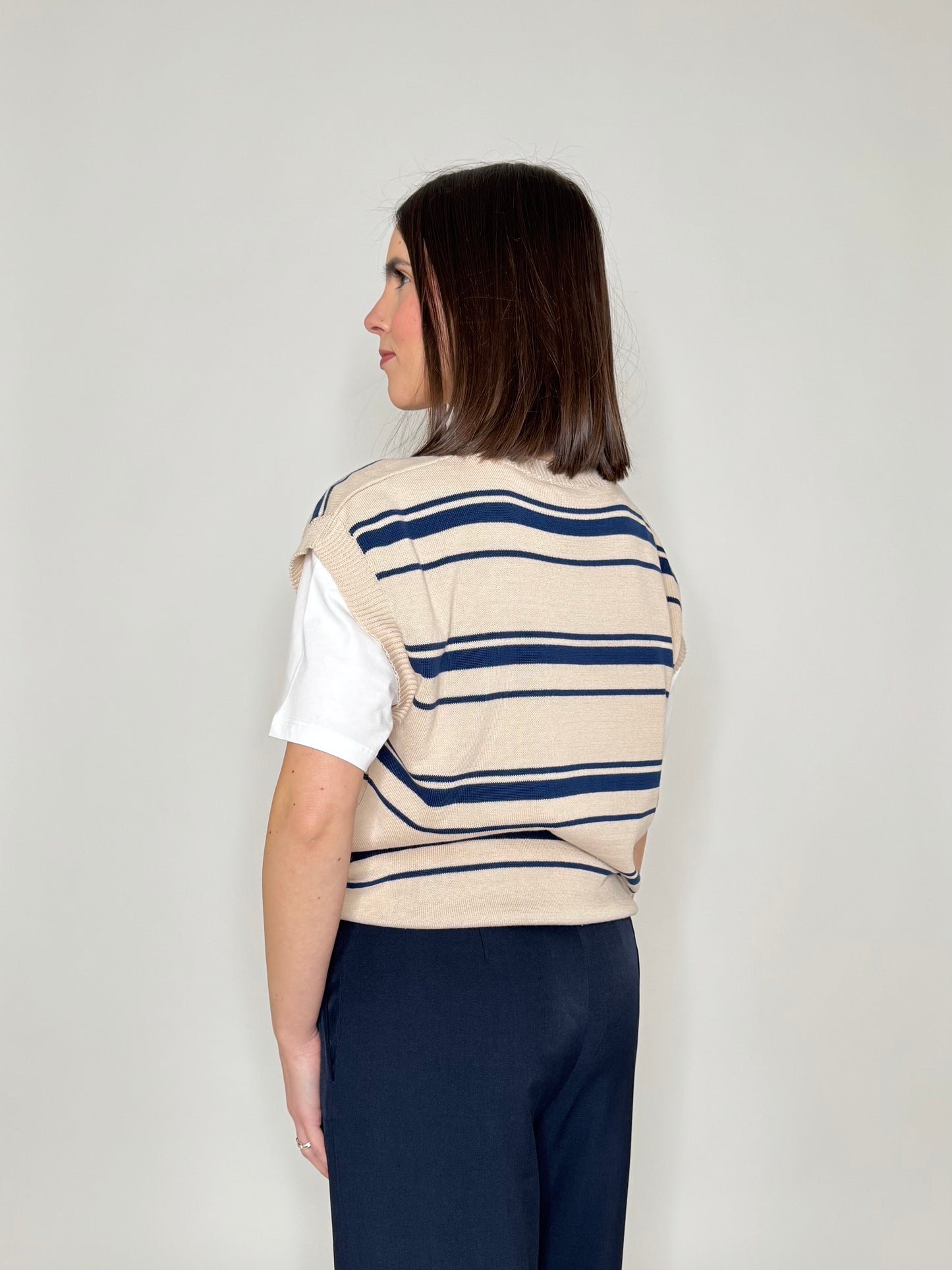 Gilet a righe in 100% cotone Beige/Navy