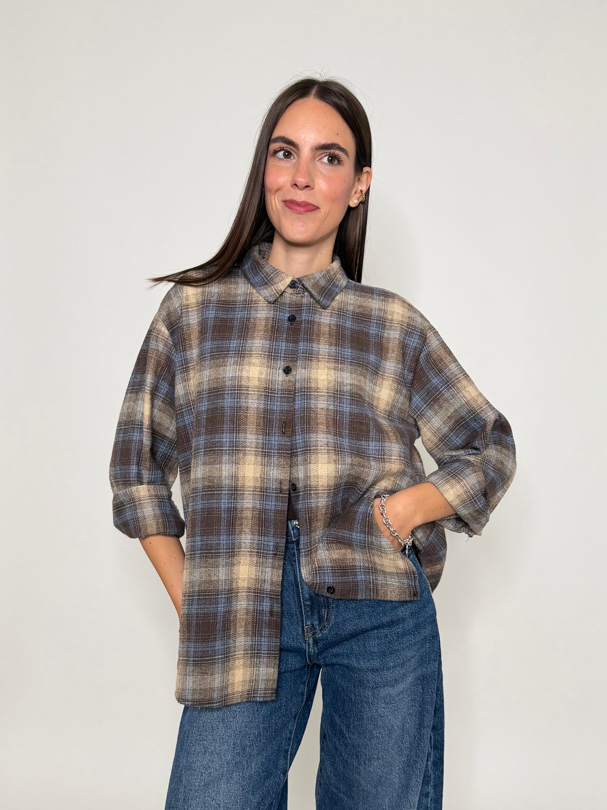 Camicia check vienna in cotone ciocco/azzurro polvere
