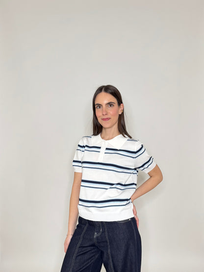 Polo in filo di viscosa a righe Bianco/Blu