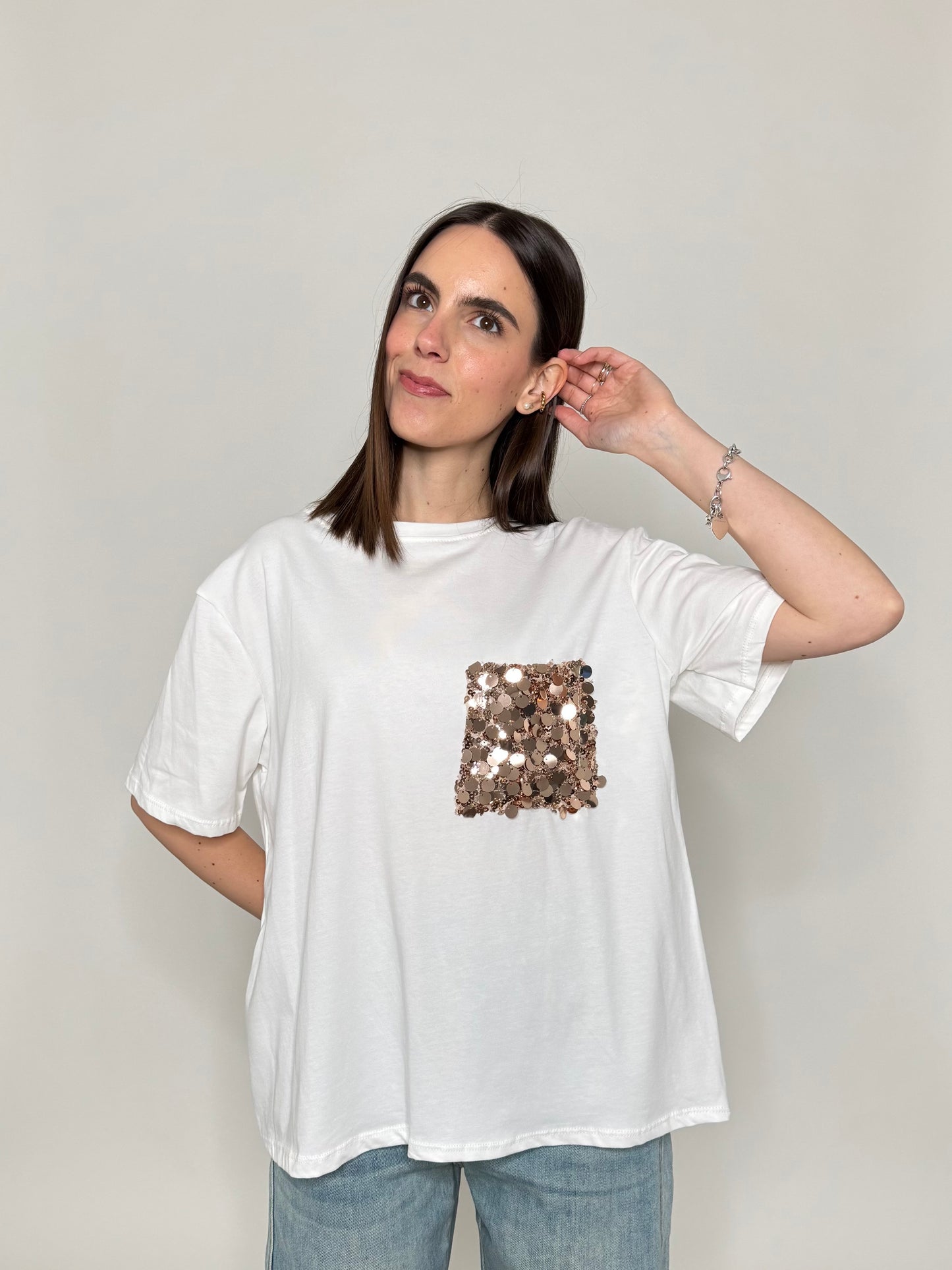 T- shirt in cotone con taschino paillette applicato Bronzo