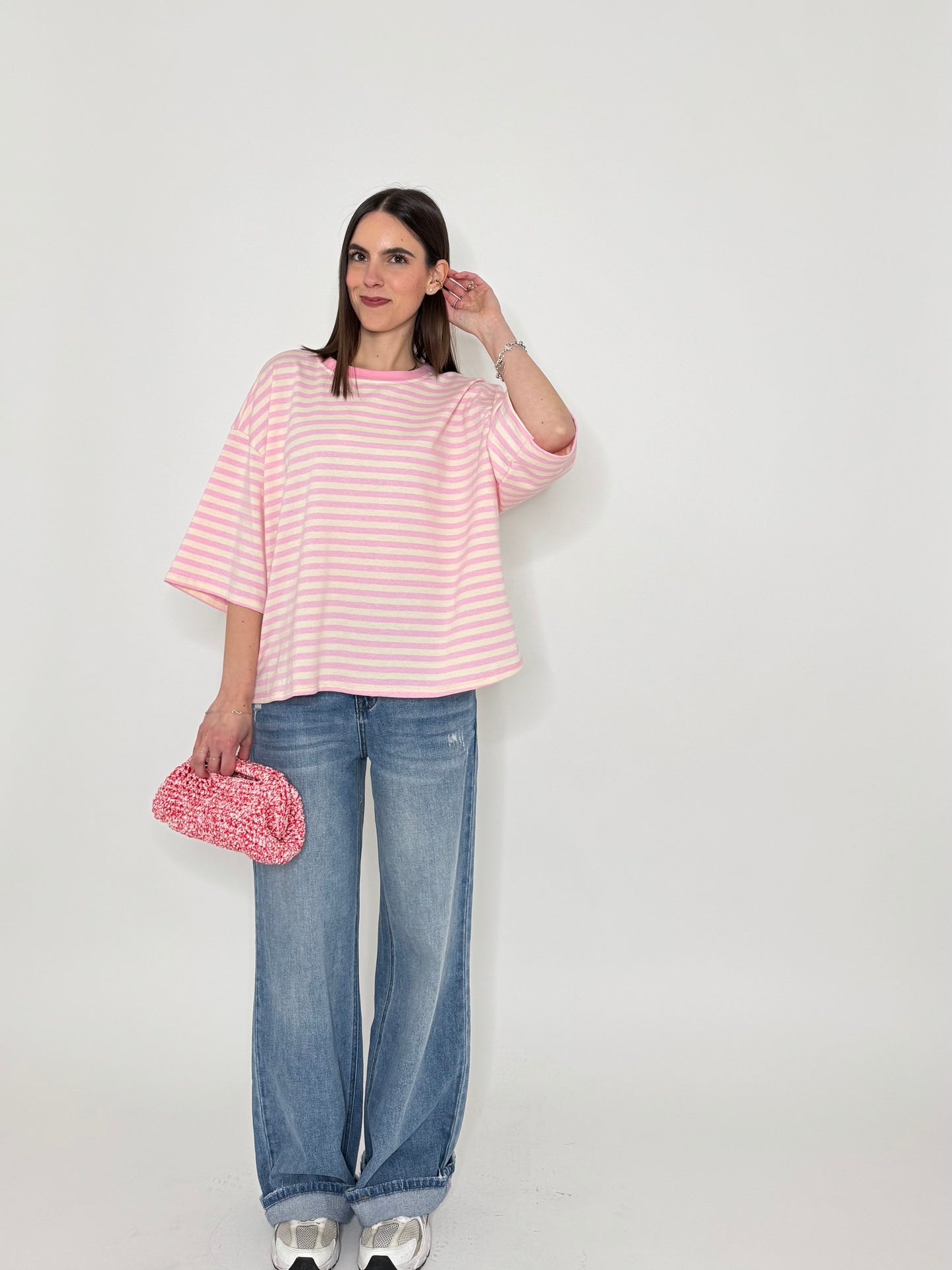 Maglia Felpa a righe light cotton in cotone Rosa/Panna