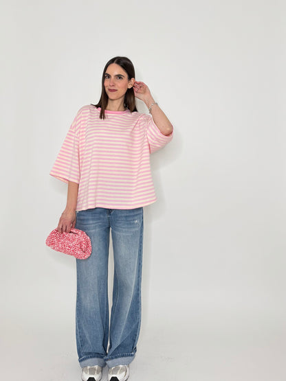 Maglia Felpa a righe light cotton in cotone Rosa/Panna