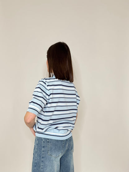 Polo in filo di viscosa a righe Celeste/blu navy