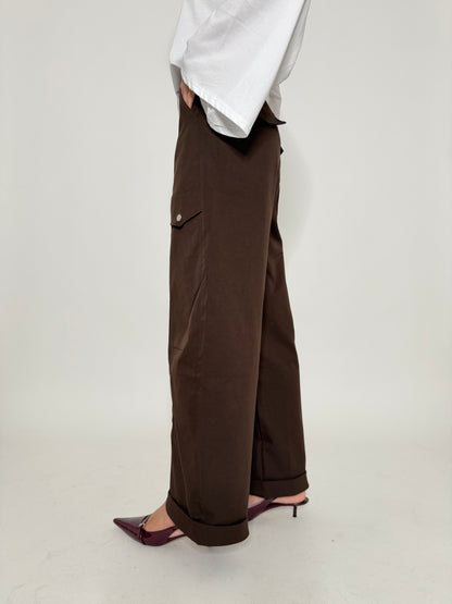 Pantalone cargo wide leg cioccolato